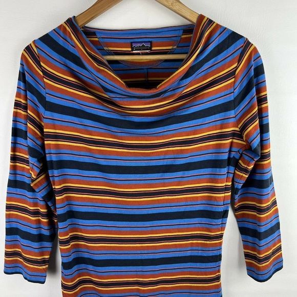 Patagonia Womens Small Dress Cowl Neck Andes Blue Orange Striped Dress - Picture 4 of 9